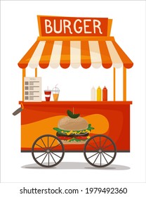 Fast food street burger truck.  Fast food business seller kiosk. Hamburger fast food shop street cart city . For design, web, graphics and advertising. Vector illustration isolated on white background