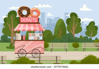 Fast food street cart with donuts. Food in the park in nature. Fast food business seller kiosk. Fast food shop with donuts, street, cart, city flat vector. For design, web, graphics and advertising.