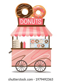 Fast food street donut truck.  Fast food business seller kiosk. Donuts fast food shop street cart city . For design, web, graphics and advertising. Vector illustration isolated on white background
