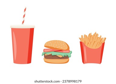 Fast food, street food doodle cartoon vector icon set. Cola, hamburger, scrambled eggs, brocheta, fried fish, tacos, french fries. Vector fast food set sketch icons. 