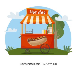 Fast food street hot dog cart. Hot dog trolley service provider stand. Fast food business seller kiosk. Hot dog fast food shop street cart city flat vector. For design, web, graphics and advertising.