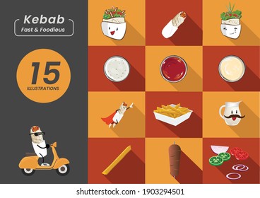 Fast Food Street Lunch Meal or Dinner Cartoon Vector Icons. Hero Superman Shish Kebab on a Bike, Tortilla Wrap and Bread, Sauces Mayo Ketchup and Yoghurt Ayran with French Fries and Salad. Flat Style.