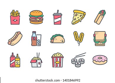 Fast Food and Street Food related color line icon set. Burger, Pizza, Hotdog and Sandwich outline vector icons.