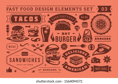 Fast food and street signs and symbols with retro typographic design elements vector set for restaurant menu decoration. Pizza, burger and sandwich silhouettes vector illustration.