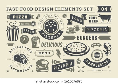 Fast food and street signs and symbols with retro typographic design elements vector set for restaurant menu decoration. Pizza, burger and sandwich silhouettes vector illustration.