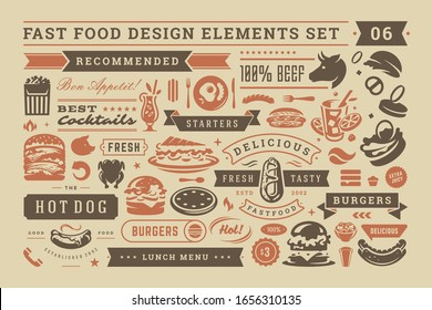 Fast food and street signs and symbols with retro typographic design elements vector set for restaurant menu decoration. Pizza, burger and sandwich silhouettes vector illustration.