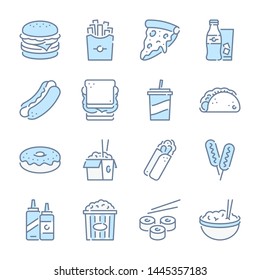 Fast food, Street food and Take away related blue line colored icons.