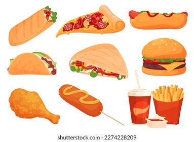 Fast food. Street food. Fast and tasty food preparation in mass cafes and restaurants. Vector illustration