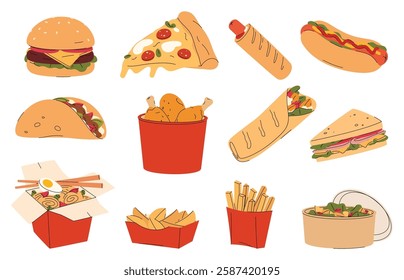 Fast food. Street food. Fast and tasty food preparation in mass cafes and restaurants. Vector illustration