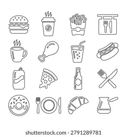 Fast food and street food vector icon set featuring line art of cheeseburgers, hot dogs, pizza slices, fried chicken legs, and french fries.