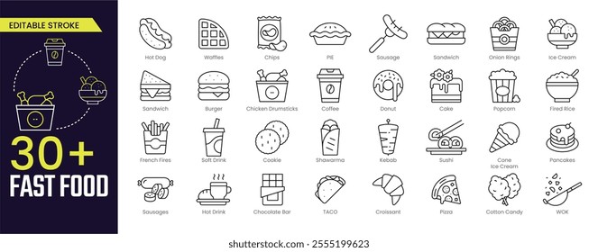 Fast Food Stroke icon collections. Containing Chicken Drumsticks, Coffee, Donut, Cake, Sushi, Kebab, Ice Cream, Hot Drink, Chocolate Bar, and WOK icons. Editable Stroke icon collection Outline icon