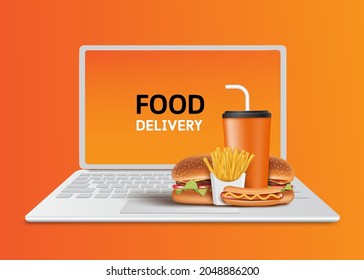 Fast food such as hot dogs, burgers, french fries and cola cans
on laptop computer for food delivery and online shopping concept design,vector 3d on orange background for food advertising design