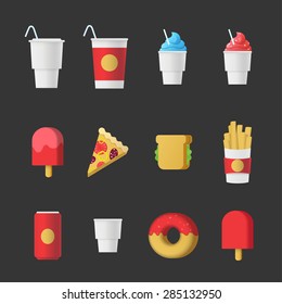 Fast food sweet dessert beverage modern stylish fancy icon set. Restaurant cafe bar menu template web infographics style vector concept. Cola soda ice cream pizza sandwich fried potato coffee donut.