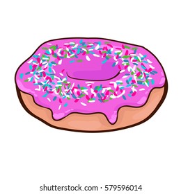 Fast food sweet donut concept with pink glaze and colorful sprinkles on white background isolated vector illustration