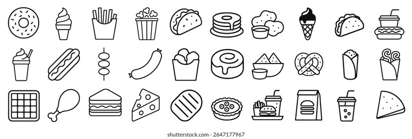 Fast Food and Sweet Treats Stroke Icon Pack. Featuring Donuts, Fries, Burgers, Ice Cream, and More. Clean Outline Style.