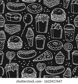 Fast food and Sweets texture. Blackboard menu background. Doodle sketch pattern.