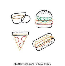 Fast food symbols cup of coffee, burger, slice of pizza, hot dog drawing with color in cartoon style on white background