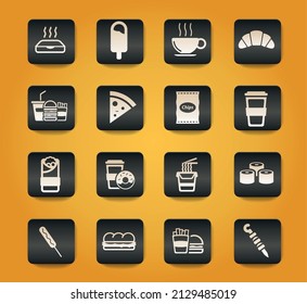 Fast food symbols on black buttons on yellow background