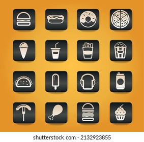 Fast food symbols on black buttons on yellow background