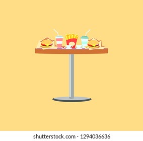 Fast food table, french fries, burger in paper, soda in plastic glass. Board serving with disposable dishes and ceramic cups. Takeaway meals vector