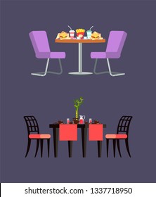 Fast food table, french fries, burger and soda. Board serving with glass, teapot and cups, plates. Eating for two, 3D illustrations of meals vector