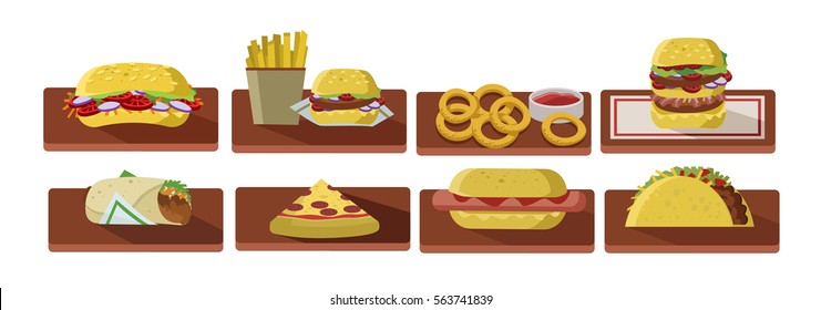 fast food table sandwich burger shawarma taco hot dog pizza and french fries