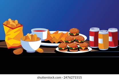 Fast food tables multi color vector objects set. Fast lunch, meal cartoon vector illustration for web graphic design and animation collection.