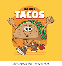 Fast Food Taco Cute Funny Retro 60s 70s Cartoon Character Mascot Vector Illustration in Groovy Psychedelic Style for Bar Restaurant