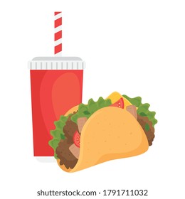 fast food, taco mexican food with bottle drink, on white background vector illustration design