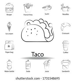 fast food taco outline icon. Set of food illustration icon. Signs and symbols can be used for web, logo, mobile app, UI, UX on white background