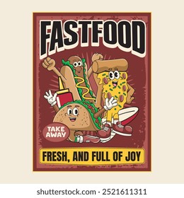 Fast food Taco Pizza Hotdog engraçado bonito retro 60s 70s Cartoon Personagem Mascote Vetor Ilustração em Groovy Estilo Psicodélico para Bar Restaurante Cartaz