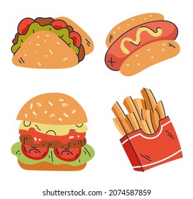 Fast food tacos burger hot dog french fries design element isolated vector flat set collection
