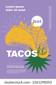 Comida rápida, tacos. Diseño de etiquetas de precio o afiches. Conjunto de ilustraciones vectoriales. Tipografía. Esbozo de lápiz de época. Estilo de grabado. Etiquetas, cubierta, estampado de camisetas, pintura.