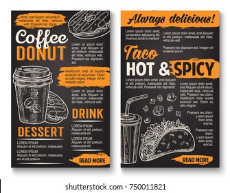 Fast Food Tacos Snack Sandwich, Donut Cake And Coffee Or Soda Drink Menu Sketch Poster. Vector Fastfood Mexican Tacos And Dessert Design For Cinema Bar Bistro Or Restaurant