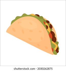 Fast food tacos, tasty fastfood snack vector illustration. Cartoon unhealthy tacos with meat and vegetables, junk food menu for Mexican restaurant or cafe isolated on white