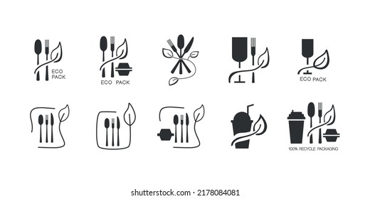 Fast food and take away eco packaging symbol set for restaurant, cafe, bistro and diner. Plastic free and recyclable. Vector stock illustration isolated on white background. EPS10