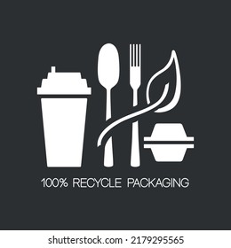 Fast food and take away eco packaging symbol for restaurant, cafe, bistro and diner. Plastic free and recyclable. Vector stock illustration isolated on black background. EPS10