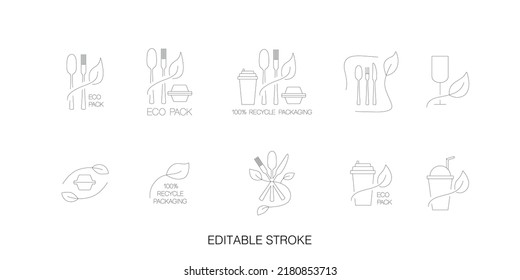 Comida rápida y eliminación del símbolo de empaque ecológico para restaurante, cafetería, bistró y cena. Sin plástico y reciclable. Trazo editable. Ilustración de material vectorial aislada en fondo blanco. EPS10