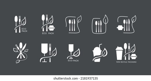 Fast food and take away eco packaging symbol set for restaurant, cafe, bistro and diner. Plastic free and recyclable. Vector stock illustration isolated on black chalkboard background. EPS10