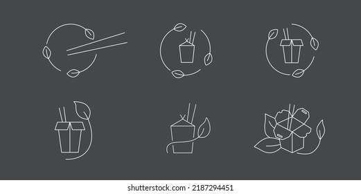 Fast food and take away eco packaging symbol for noodle box. Plastic free and recyclable. Editable stroke. Vector stock illustration isolated on black background. EPS10