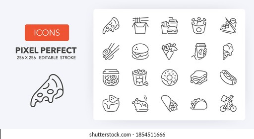 Fast food and take away thin line icon set. Outline symbol collection. Editable vector stroke. 256x256 Pixel Perfect scalable to 128px, 64px...