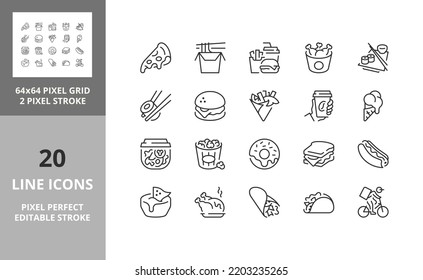 Fast food and take away thin line icon set. Outline symbol collection. Editable vector stroke. 64 and 256 Pixel Perfect scalable to 128px