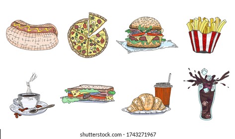 fast food takeaway food collection colorful. doodle sketch illustration vector