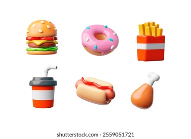 Fast food takeaway eating 3D cartoon plastic style vector icons set. Render appetizing hamburger, French fries potatoes, hot dog, chicken leg, soda drink and donut. Realistic American street dish