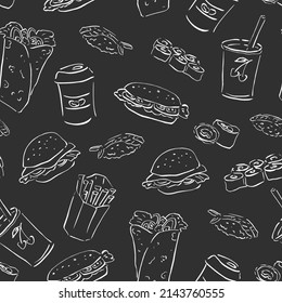 fast food, takeaway food seamless pattern. Hand-drawn vector doodle burger,sushi,coffee,rolls. Lines art menu cafes and restaurants