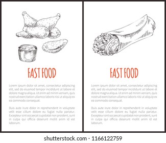 Fast food or takeaway vector hand-drawn sketches with american and mexican treat. Fried chicken or naggets with sauce and spicy burrito wrap poster.