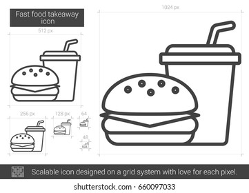 Fast Food nimmt weg Vektorsymbol einzeln auf weißem Hintergrund. Fast Food Takeaway Line Symbol für Infografik, Website oder App. Skalierbares Symbol, das auf einem Gittersystem entworfen wurde.