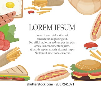 Fast food takeaway. Vector realistic elements of hamburger, hot dog, sandwich, fries, toast and egg. Menu or invitation template background.