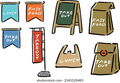 Fast Food Takeout Hand drawn Illustration Set of Bags and Signs