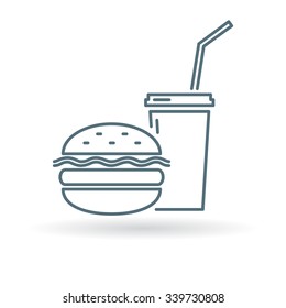 Fast Food Takeout Icon. Junk Food Sign. Burger And Soda Symbol. Thin Line Icon On White Background. Vector Illustration.